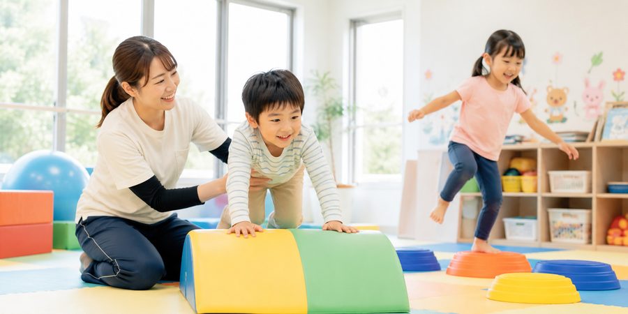 運動療育で体を動かす子どもとスタッフ